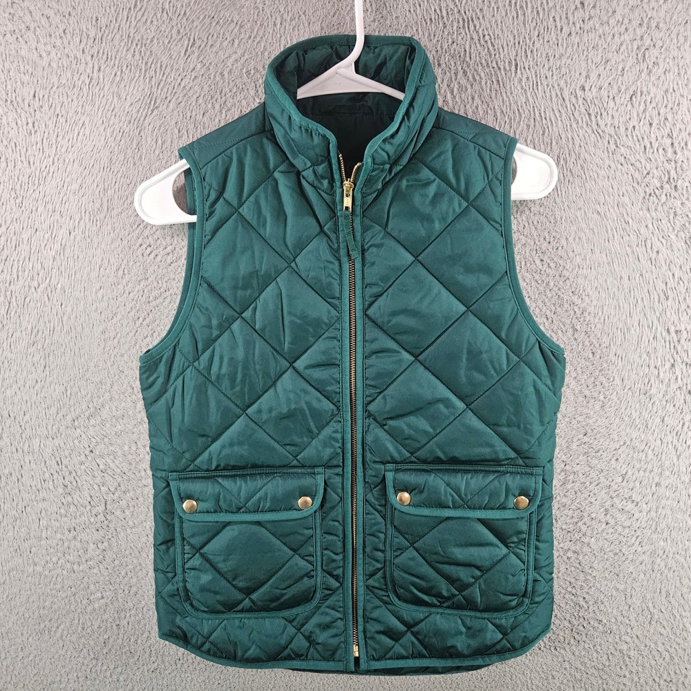 J.Crew Quilted Excursion Vest Womens XXS Forest Green Full Zip Gold‎ Hardware